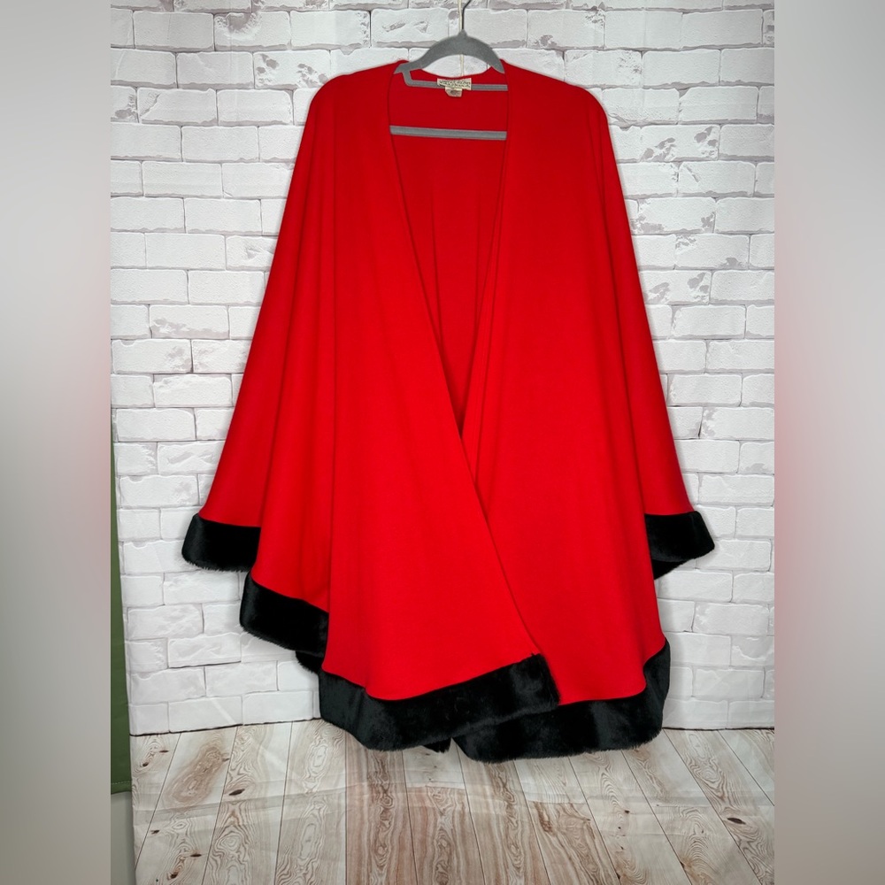 Kathleen Red‎ Cape w/ Black Faux Fur Trim – Dramatic Open Front Wrap- One Size